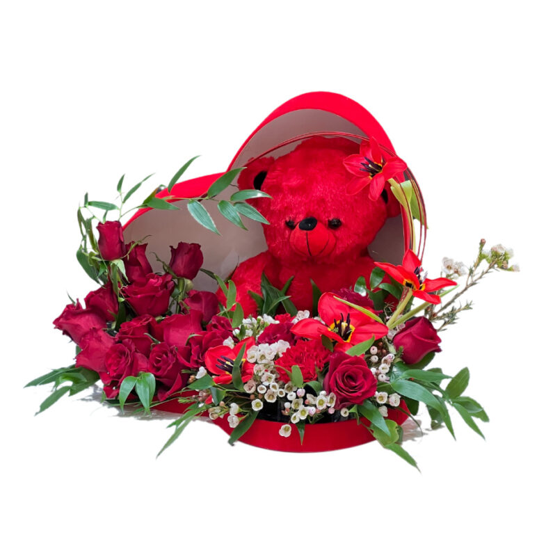 heart shaped flowers and bear for valentines